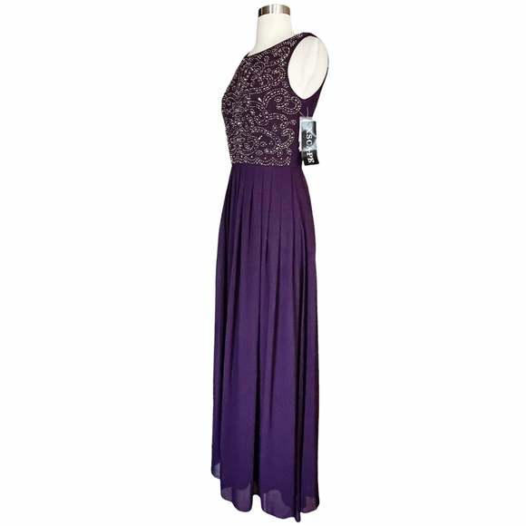 XSCAPE Purple Embellished Dress A-Line Chiffon Pleated Skirt Sleeveless Gown 6 - Picture 5 of 13